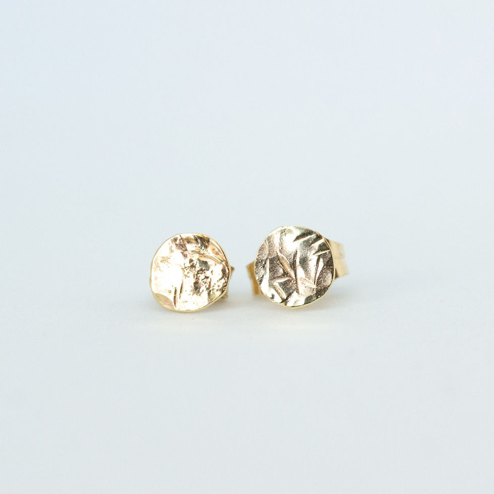 Small simple textured gold round studs handcrafted recycled gold minimal jewelry on a white background, made in Jerusalem