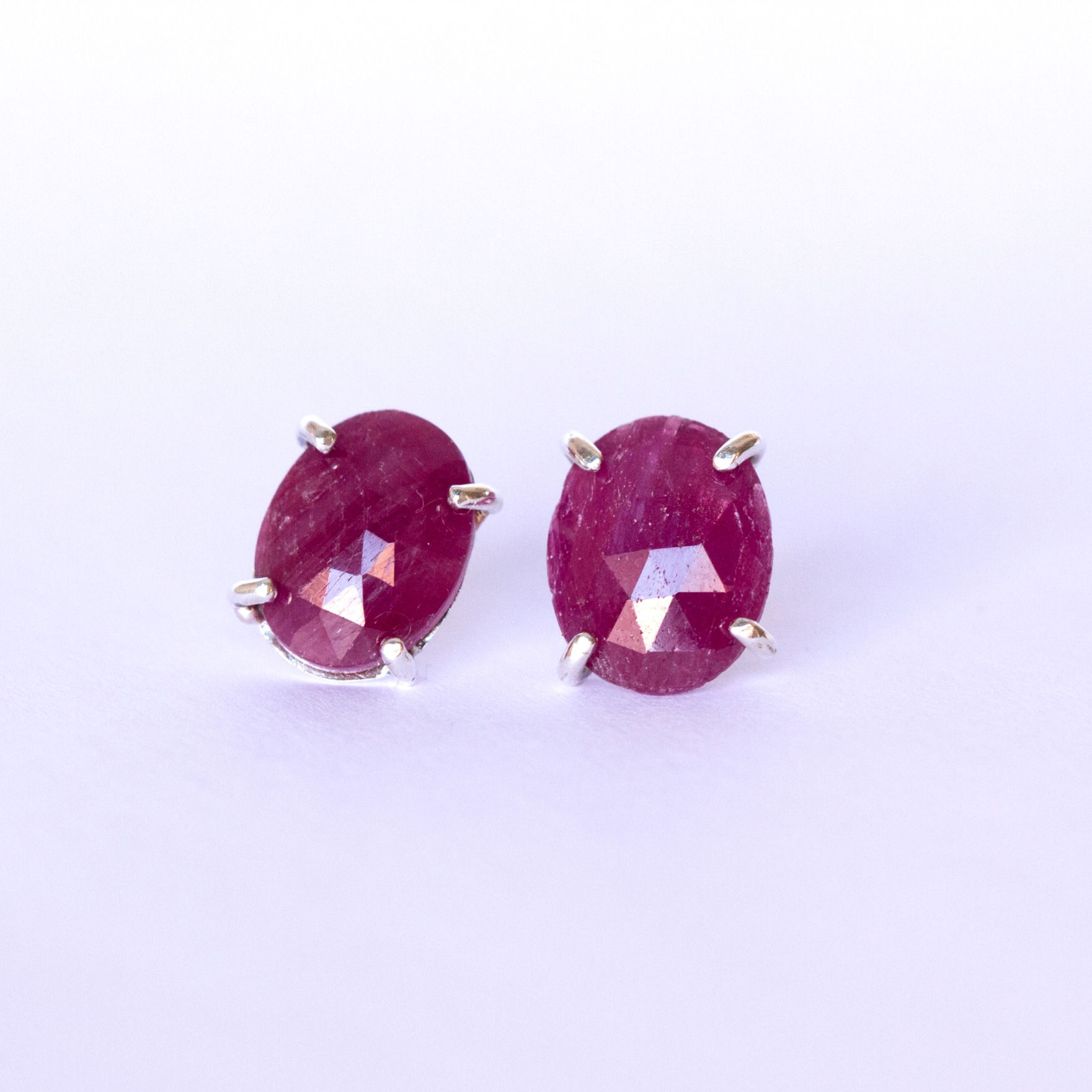 Rose cut large red ruby studs in sterling silver, unique handcrafted jewelry from Jerusalem, white background