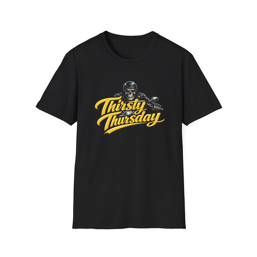 Thumbnail: Thirsty Thursday Motorcycle T‑Shirt — Retro Biker Skull Graphic