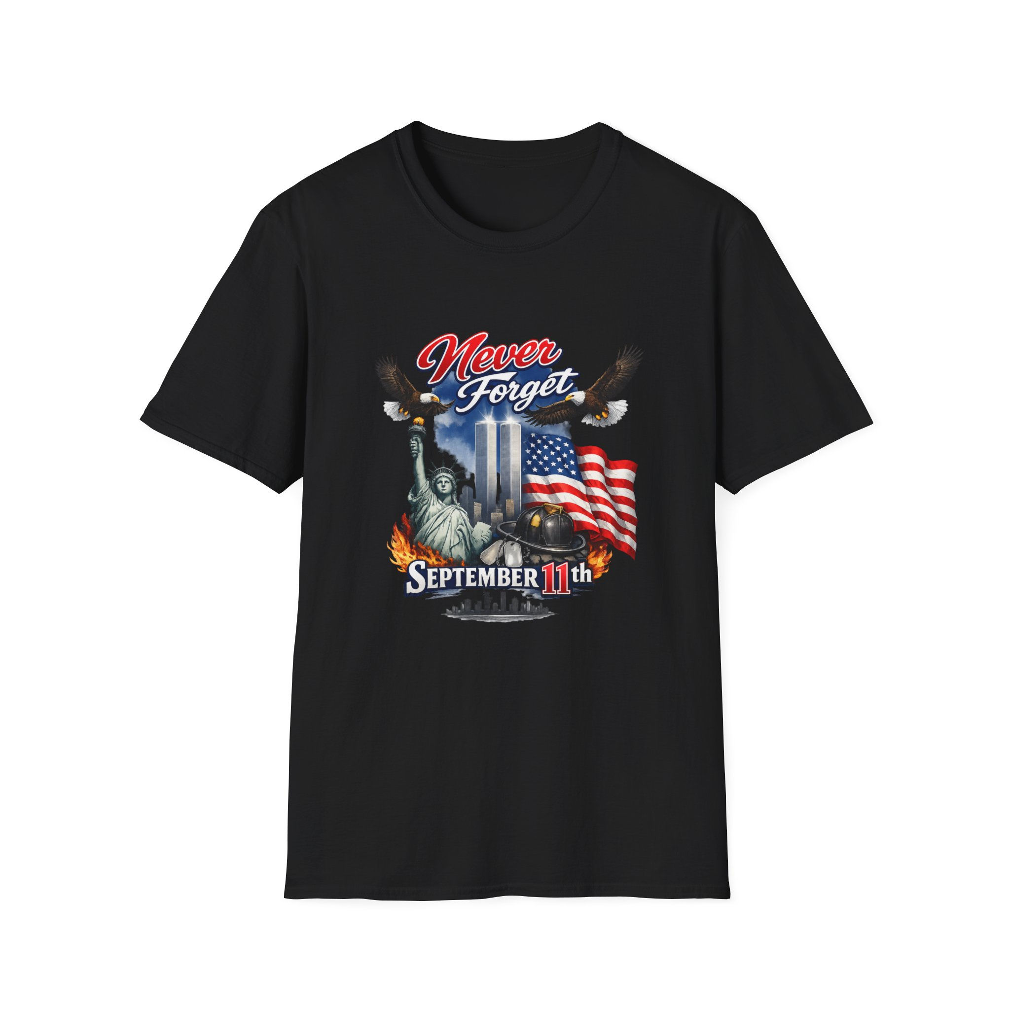 Never Forget T-Shirt — 9/11 Tribute with Twin Towers, Statue of Liberty & Flag