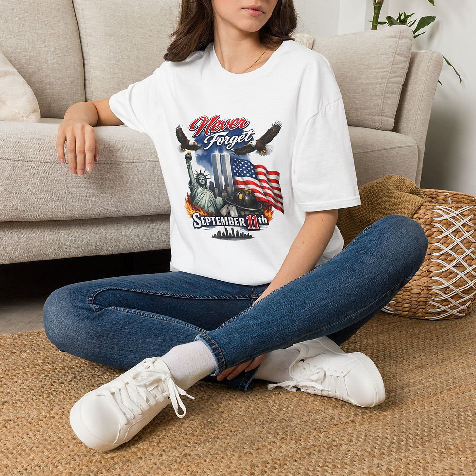 Thumbnail: Never Forget T-Shirt — 9/11 Tribute with Twin Towers, Statue of Liberty & Flag