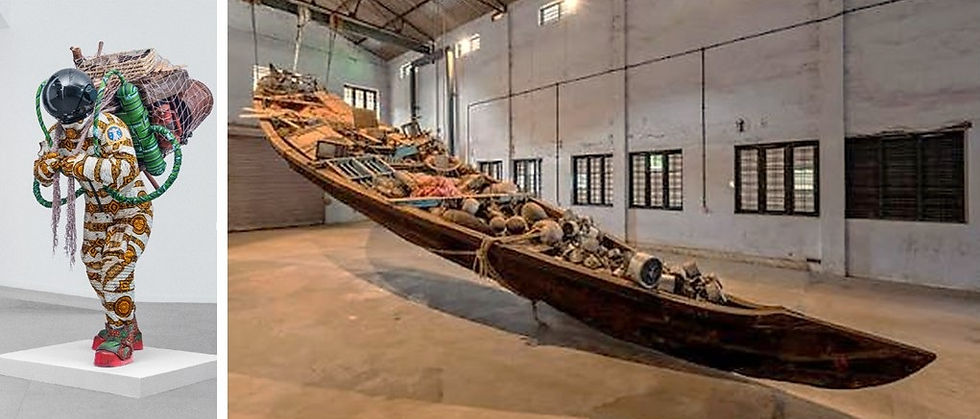 Figure 3a. (left) Yinka Shonibare, Refugee Astronaut X (2024). Fibreglass sculpture -  Figure 3b. (right) Subodh Gupta, Untitled (2012). Mixed media installation [Note: This artwork is not part of Reverse Futures]                                                    