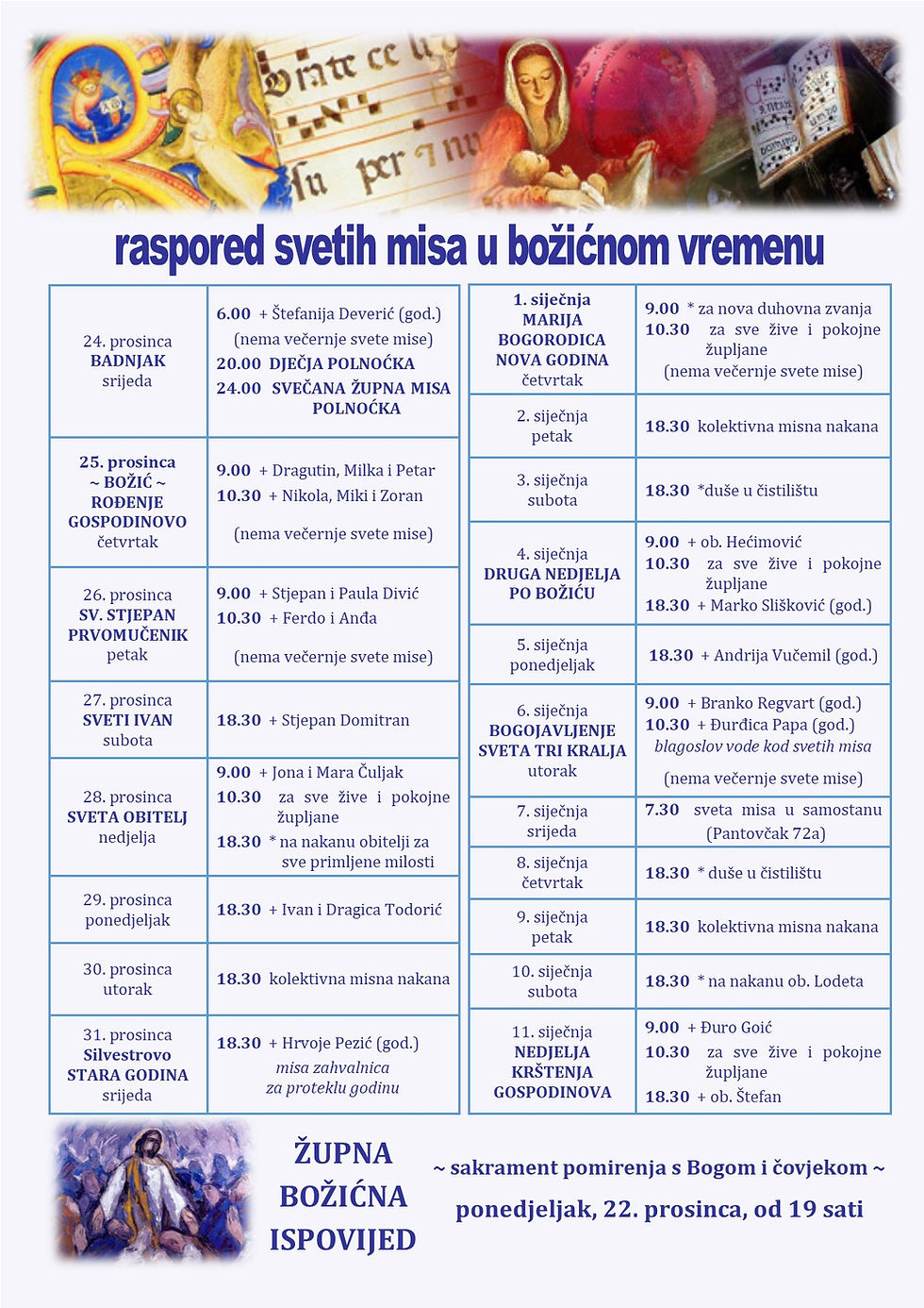 Raspored svetih misa tijekom božićnog vremena i raspored pohoda obiteljima