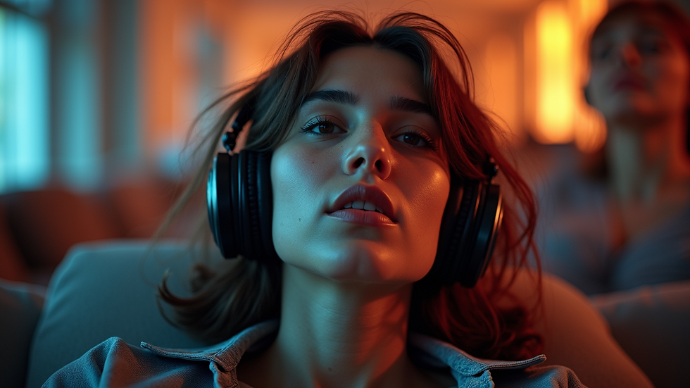 Eye-level view of a person enjoying music with headphones