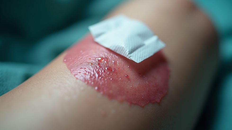 Close-up view of a healing wound with medical dressing