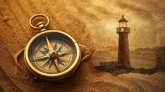 cree une image représentant le leadership avec une boussole et un phare dans les tons sabl