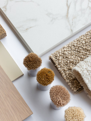 Interior Design Material Sample Board with Fabrics, Carrara Marble, Wood, and Wallpaper fo