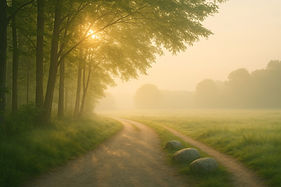 Ein Weg in der Natur. Darüber die Spitze eines Baumes. seitlich liegen Steine. 