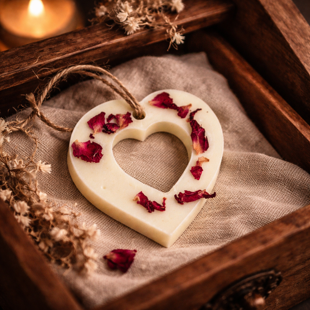 Sachê Coração Apaixonado Aberto Branco Cera Soja com rosas secas