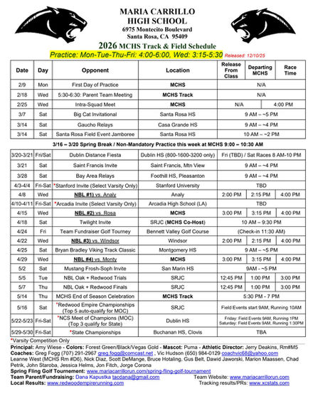 2026 MCHS Track & Field Competition Schedule