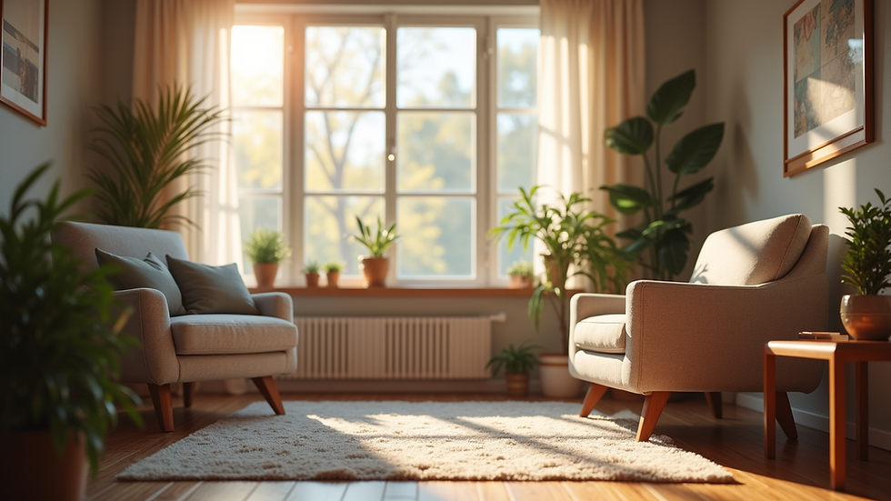 Eye-level view of a cozy counseling room with soft lighting