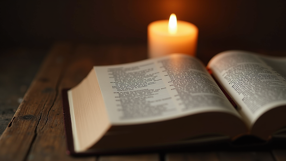 Close-up view of an open Bible with a lit candle nearby