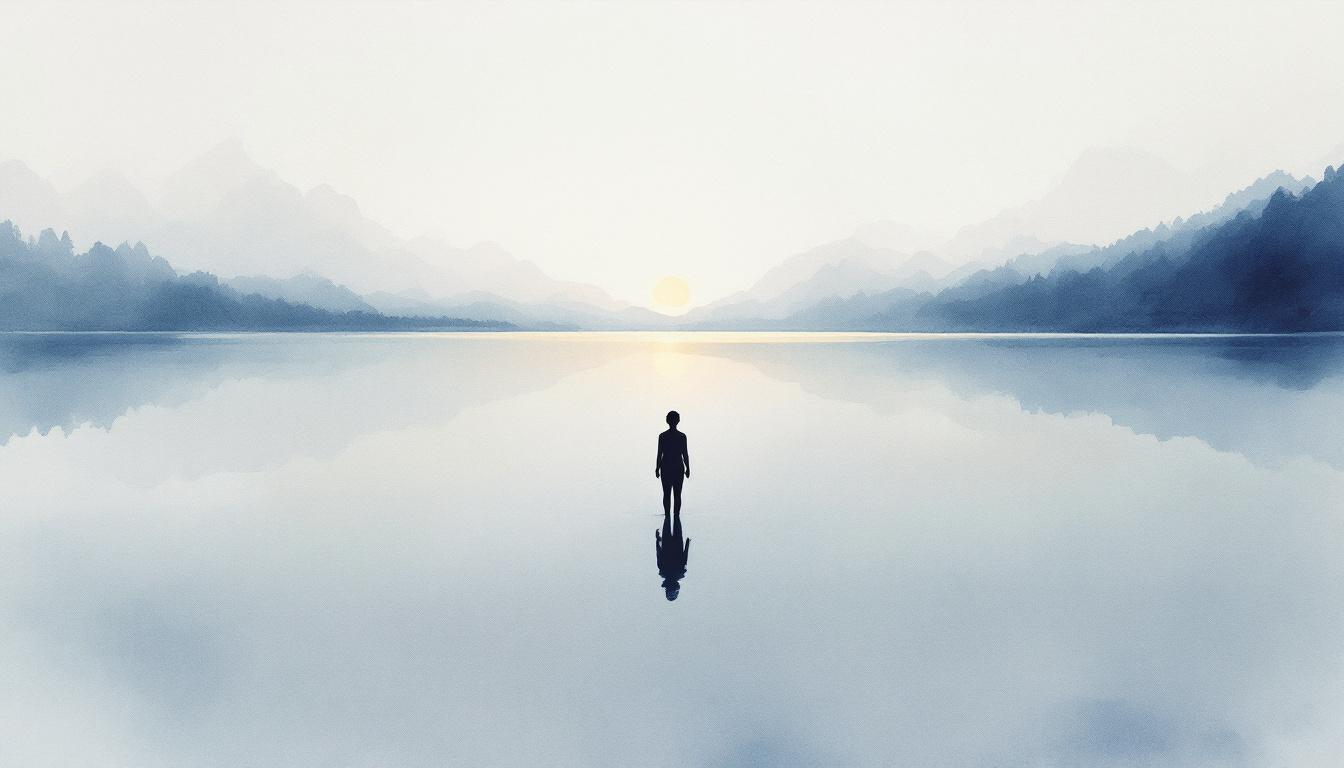 Lone silhouette at a still lake at dawn, returning to oneself after holding everyone else