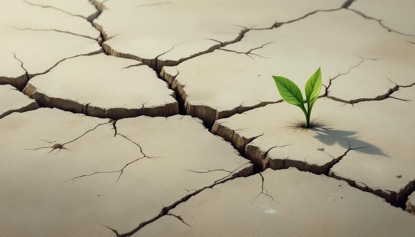 Cracked earth with a single green shoot emerging — symbolising grief as the seed of repair in NVC mourning