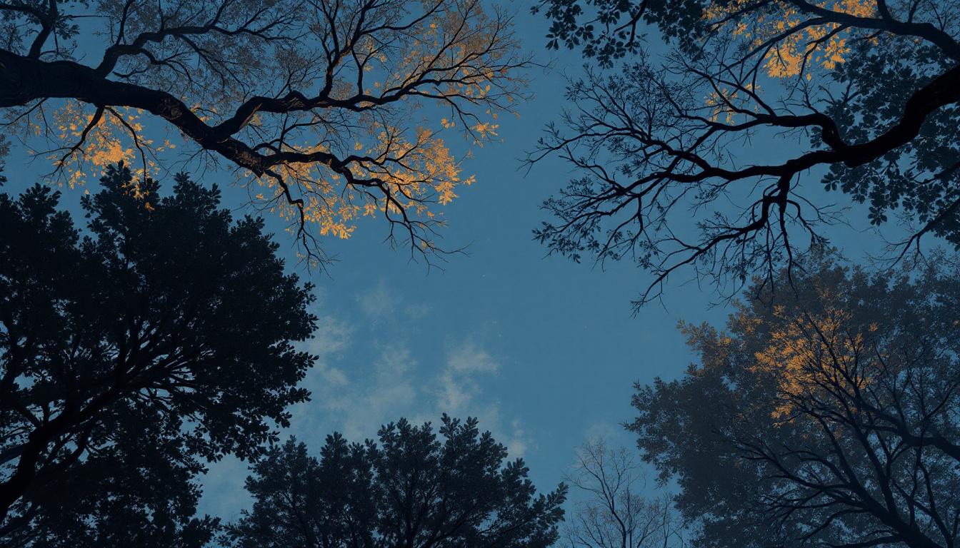 Forest canopy at blue hour dusk — interlocking branches reaching toward each other