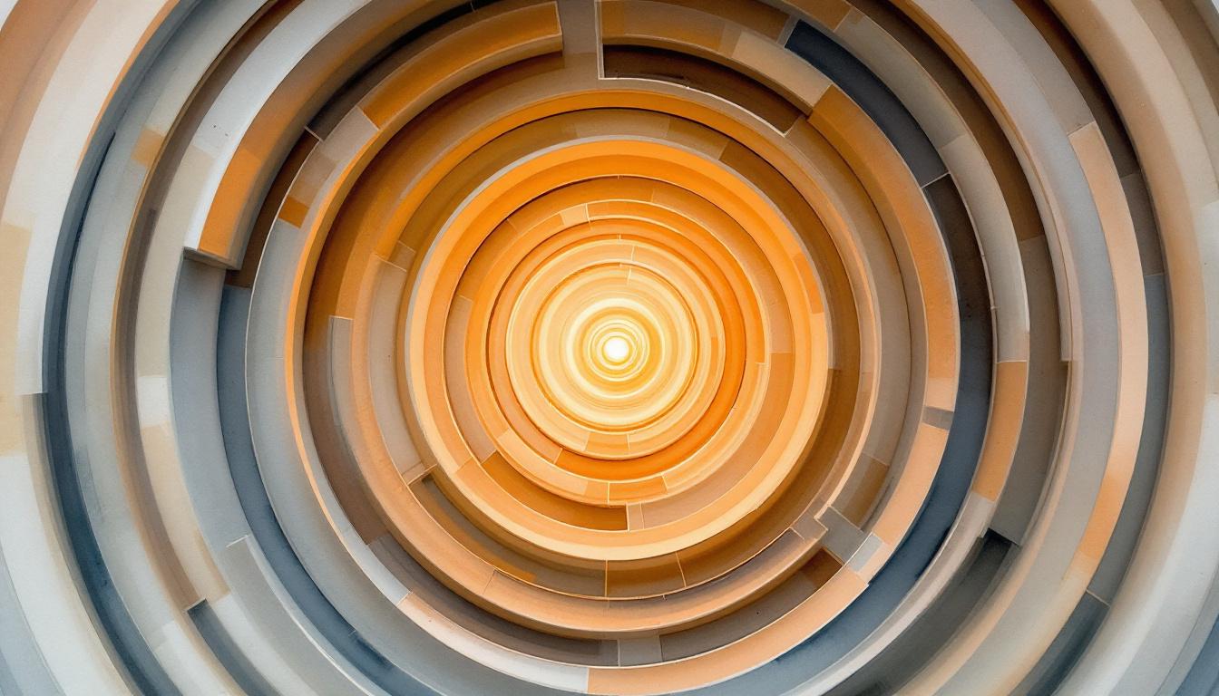 A labyrinth viewed from above with a golden thread unspooling from the center — structural redesign from within