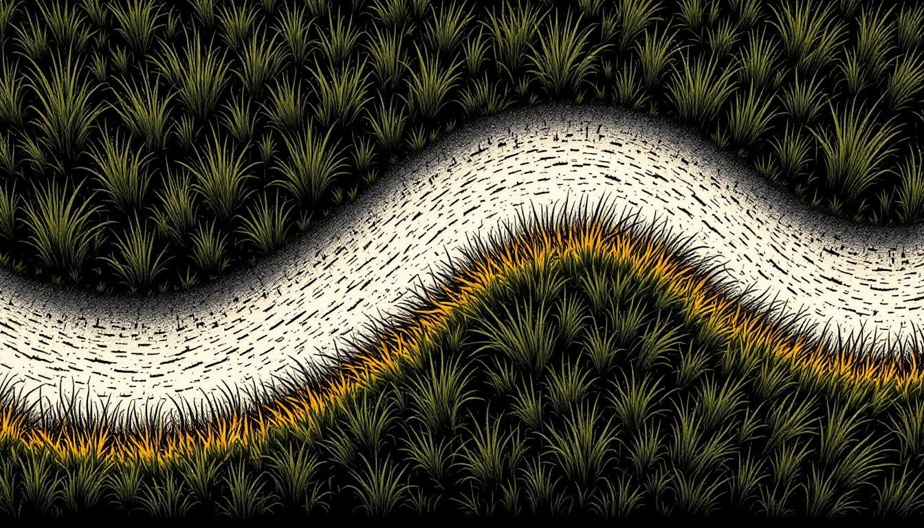 Top-down woodcut of a worn path through grass — the grooved pattern of recurring family arguments