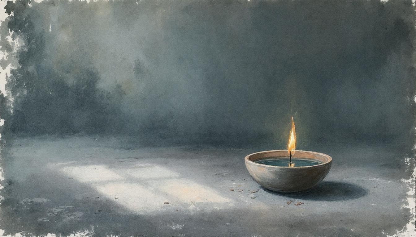 Soft pastel candle flame and clay bowl in dim blue-grey space — the act of turning inward