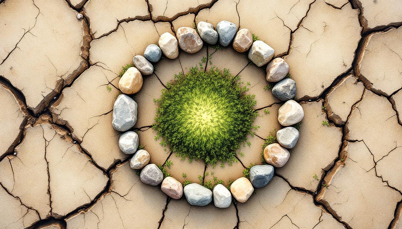 Circle of stones on cracked earth with green moss at the centre, seen from above — a gathering that holds something fragile: the possibility of repair