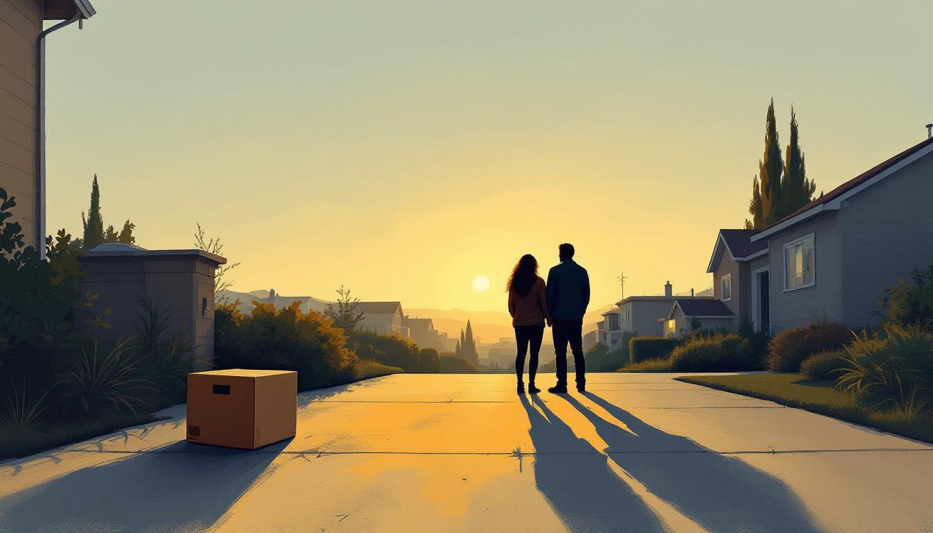 Two silhouettes standing in a driveway at dusk after the last child leaves home