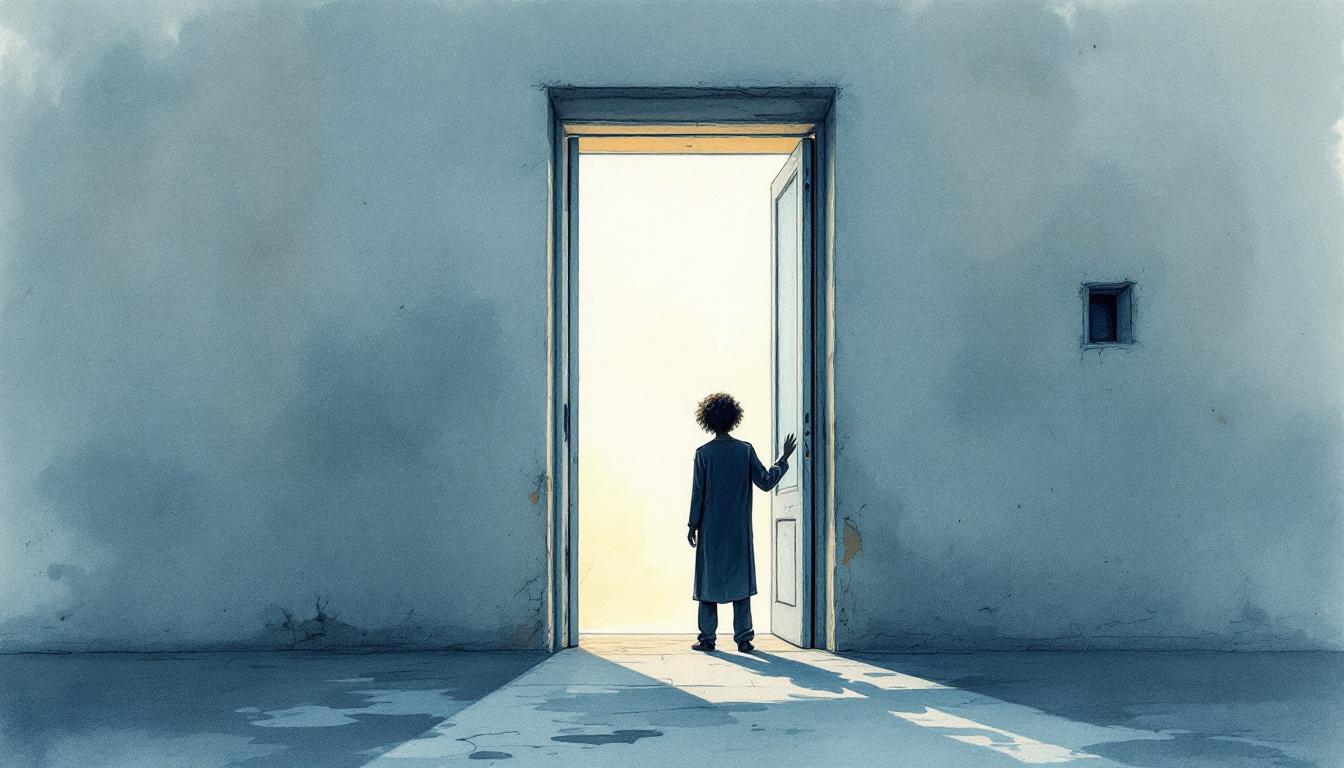 Watercolor illustration of a silhouetted figure standing at a threshold doorway in dawn light