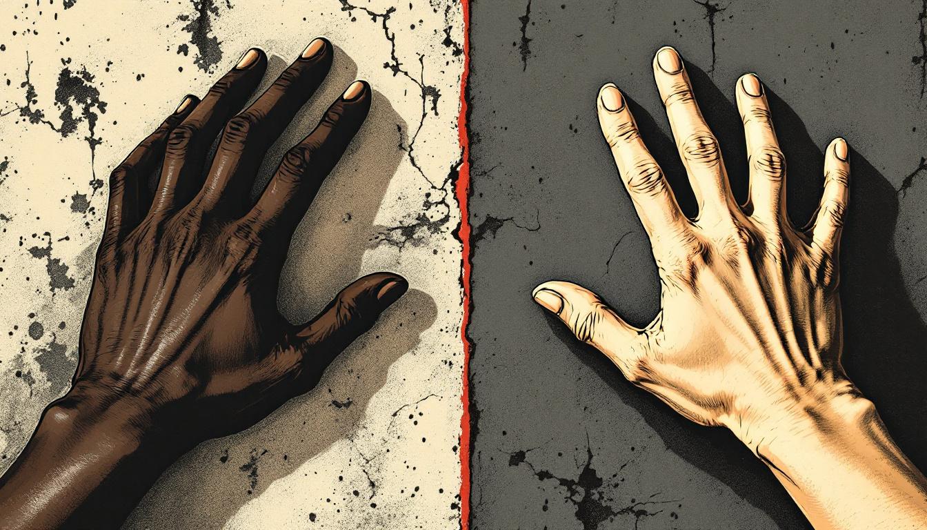 Two hands of different skin tones pressed against opposite sides of an invisible barrier