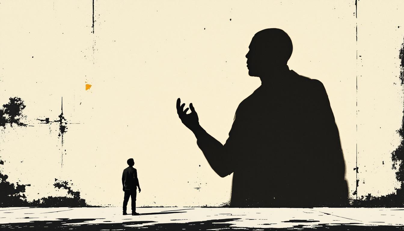 A small silhouette dwarfed by a vast looming shadow shaped like an authoritative figure — woodcut illustration representing NVC power dynamics and consent