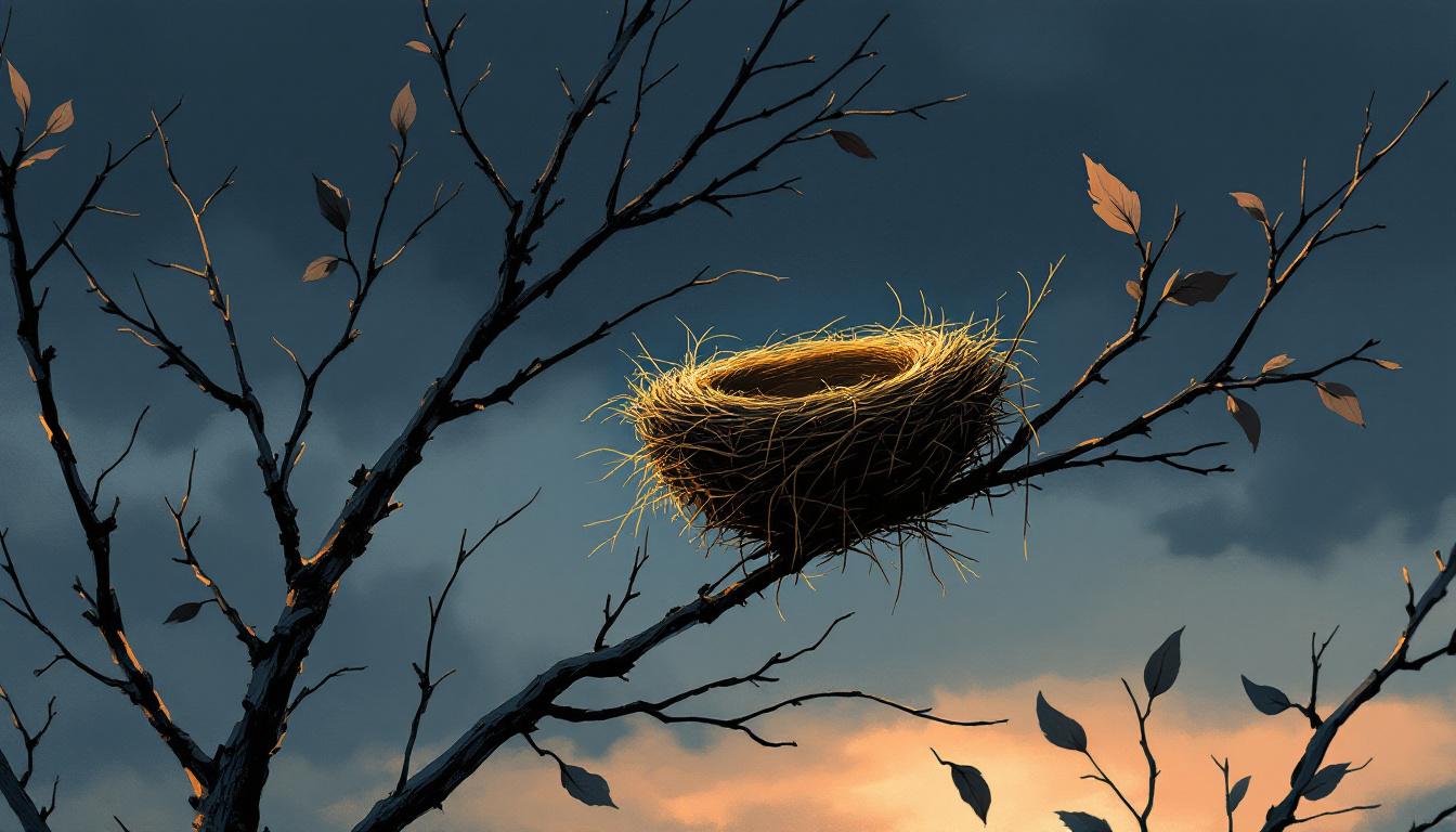 An empty bird's nest on bare winter branches at dusk — painterly editorial illustration