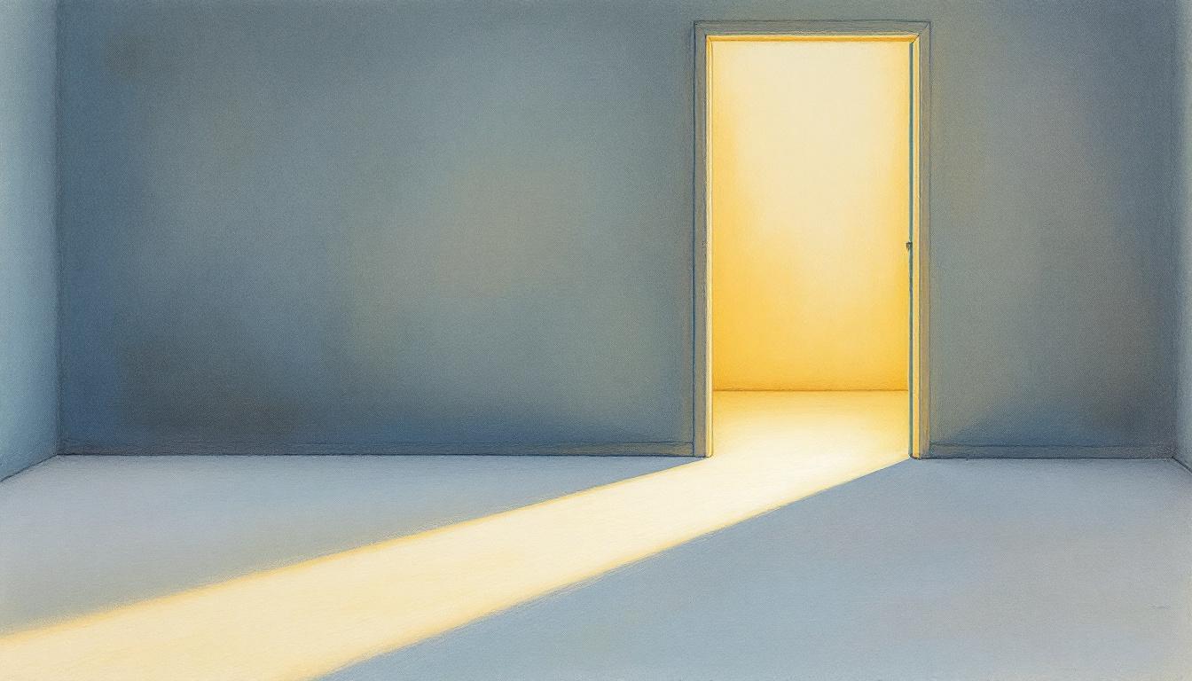 Half-open doorway between two rooms — warm light on one side, cool shadow on the other — soft pastel illustration of emotional distance in marriage