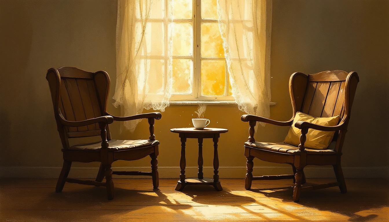 Two chairs facing each other across a tea table in warm afternoon light