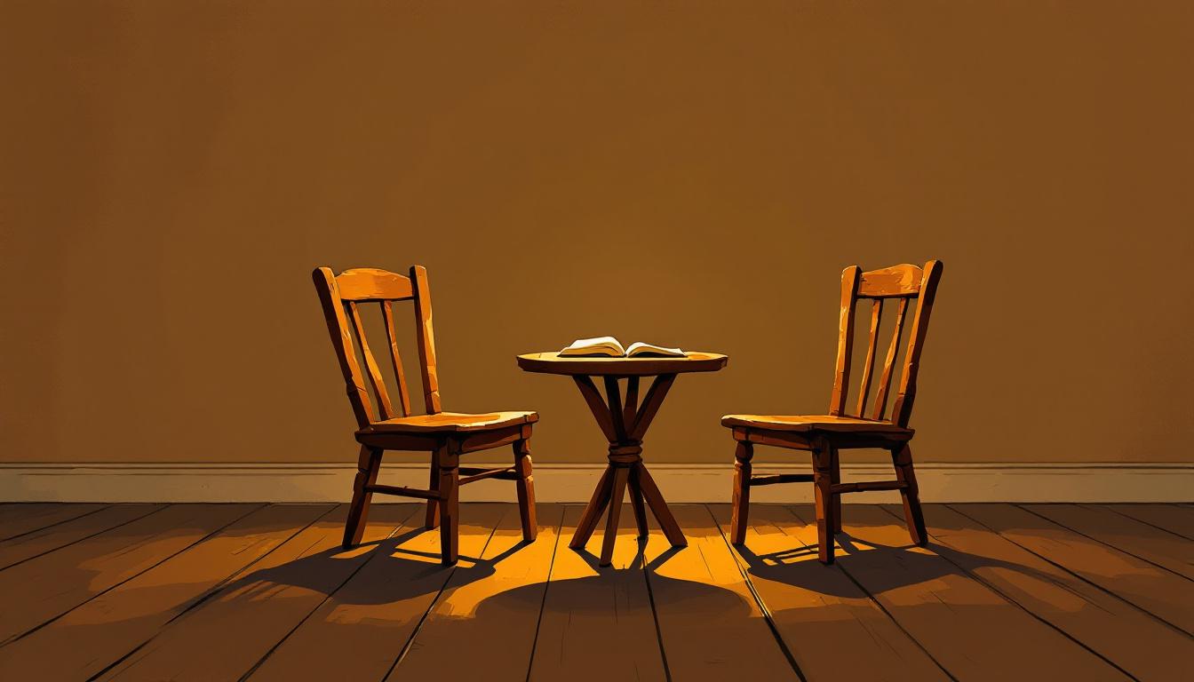 Two empty chairs facing each other across a small table in warm lamp light