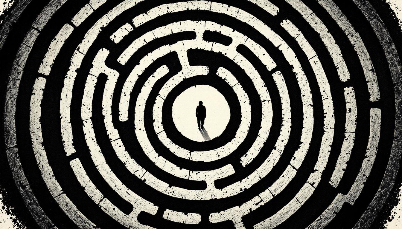 Aerial woodcut view of a labyrinth with a small figure at its center — internal journey metaphor