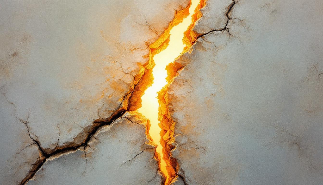 Cracked stone wall with amber light through the fissure — pastel illustration