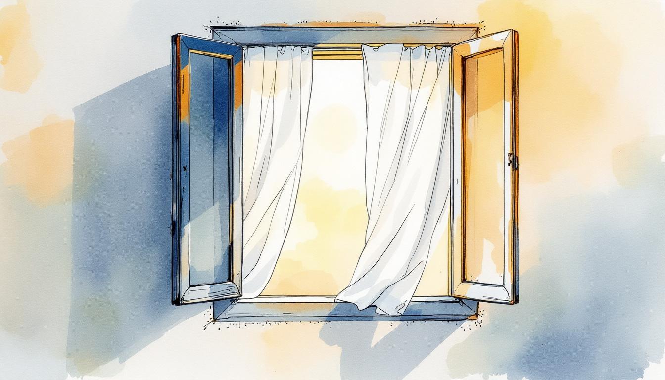 Open window with pale linen curtains lifting in morning light — a metaphor for genuine openness in needs-based leadership
