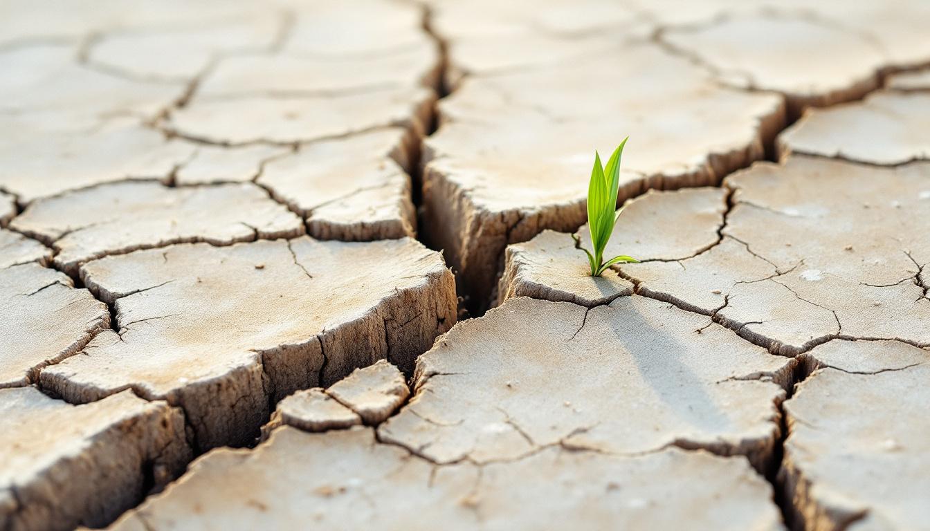 Cracked dry earth at dawn with a single green shoot pushing through — the persistence underneath what looks broken