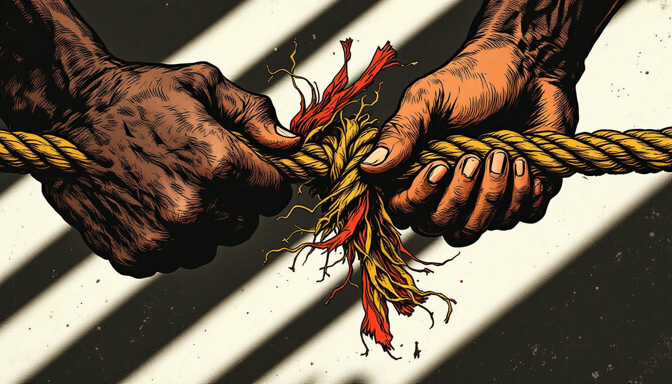 Woodcut illustration of two hands of different skin tones gripping opposite ends of a frayed rope