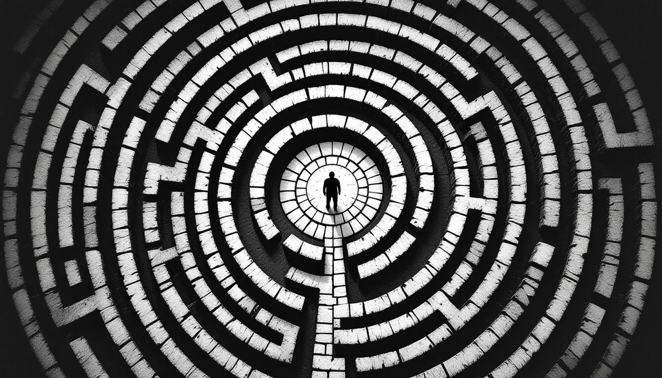 Woodcut illustration of a stone labyrinth seen from above, a small silhouetted figure at the entrance — symbolizing the structural systems that shape organizational behavior