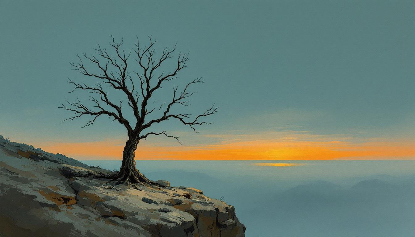 Solitary weathered tree on cliff at dusk — painterly illustration representing the quiet dignity of a self rediscovered after the empty nest