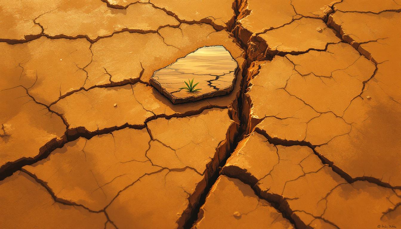 Cracked earth with mirror fragment reflecting a green shoot — the gap between surface and what lies underneath