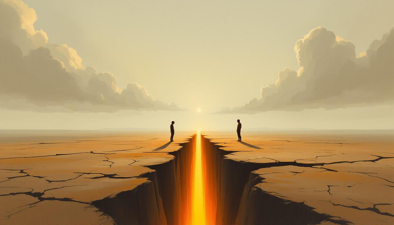 Two silhouettes facing each other across a cracked-earth divide at late afternoon — painterly illustration