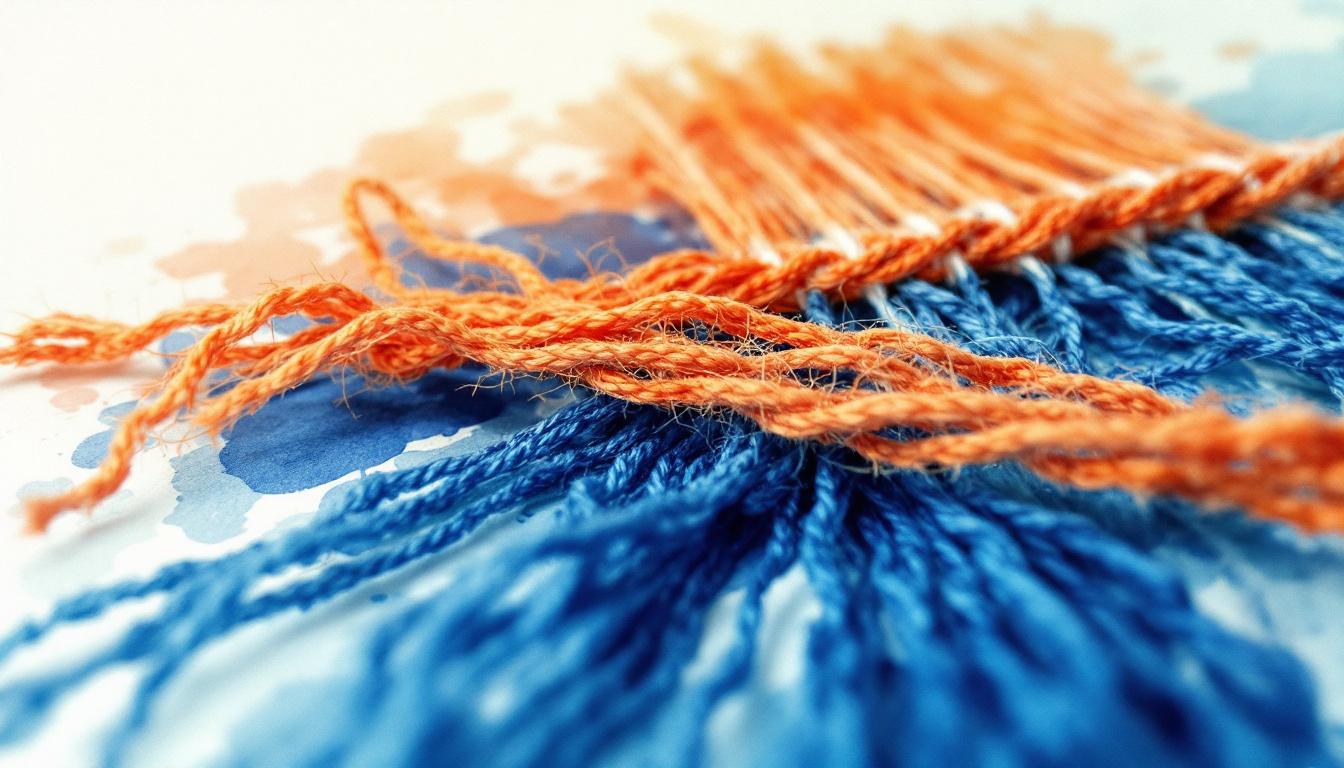 Two threads of cobalt and terracotta being woven together on a loom