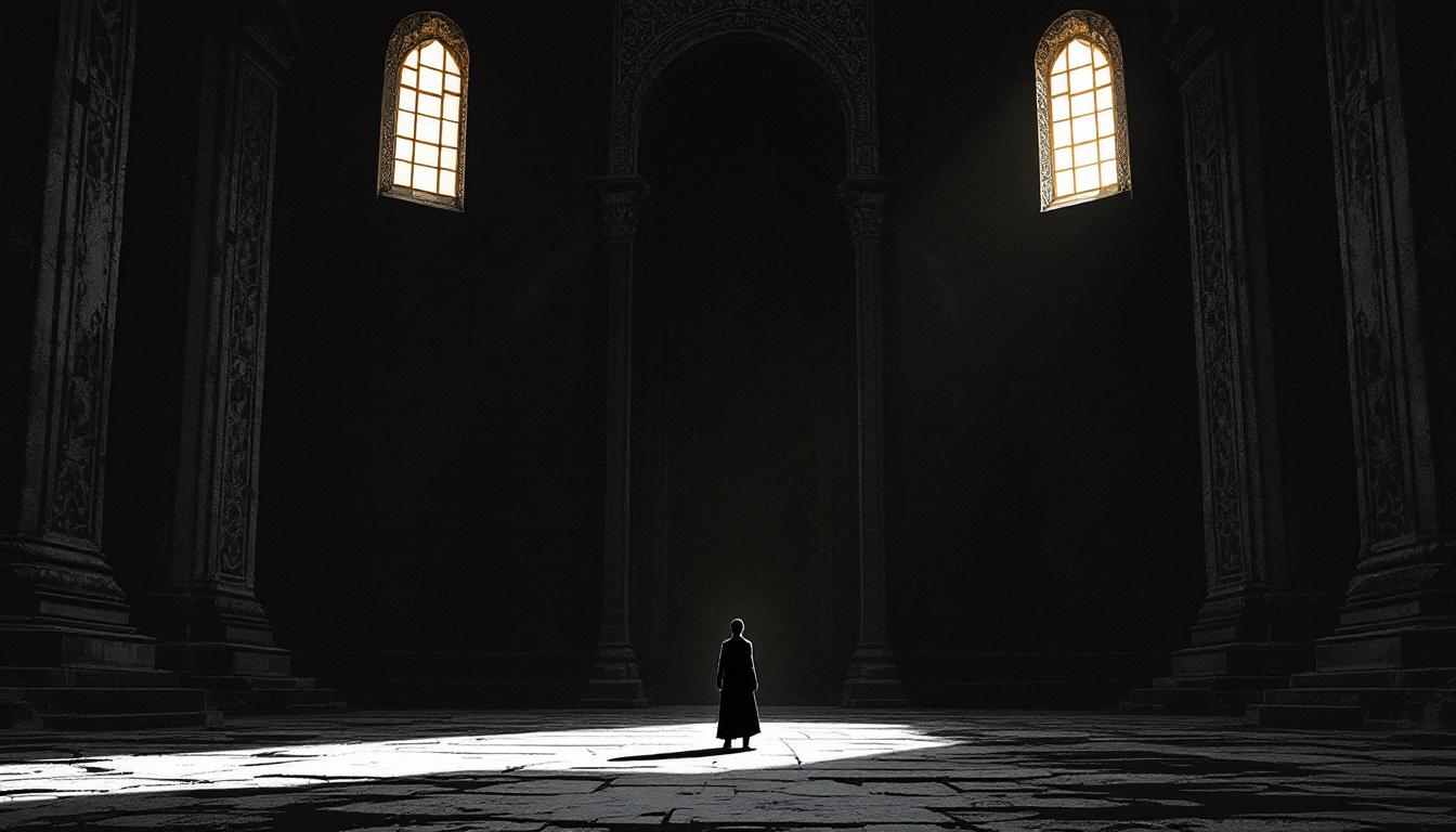 A small silhouetted figure in a vast stone hall, shadow looming large on the carved walls — power dynamics in compassionate communities