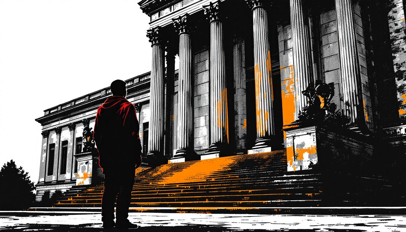 A small figure standing before a towering institutional building — NVC and structural power