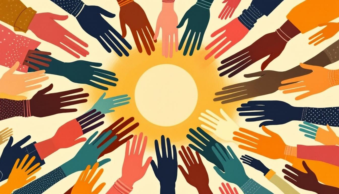Many hands of varied skin tones in concentric rings around a central opening