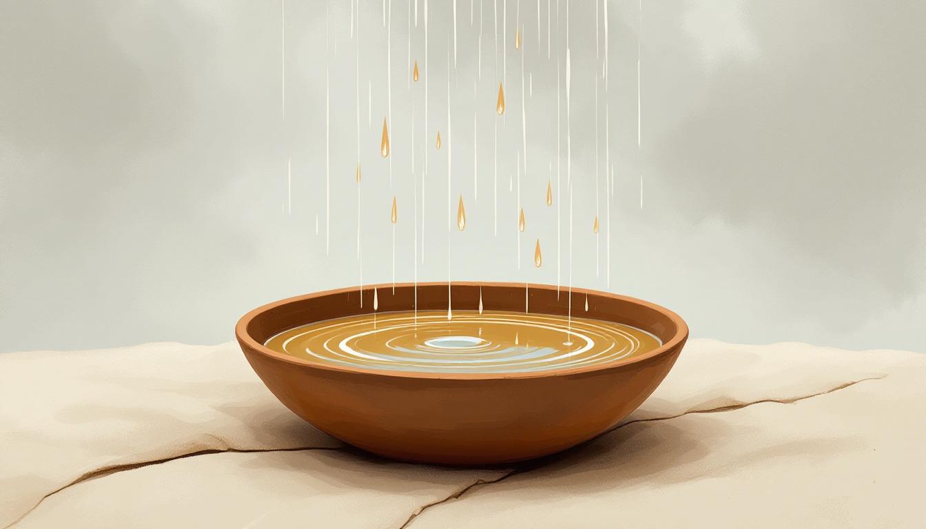 A clay bowl catching rain drops in slow rings — receiving without grasping