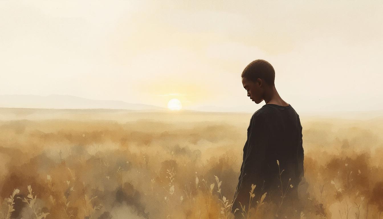 Silhouetted figure standing in a vast open field at dawn — being present before speaking