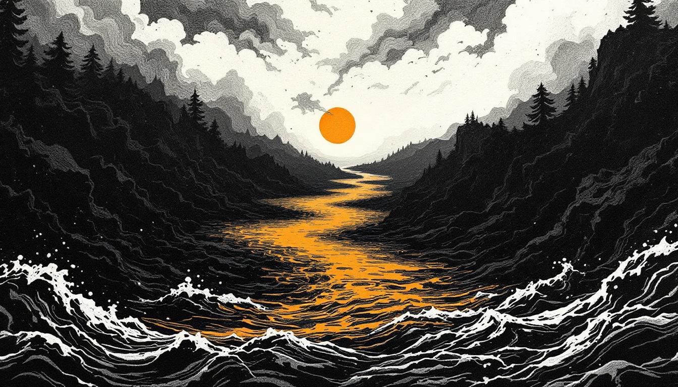 Two river currents meeting at a confluence — a painterly woodcut illustration symbolizing the moment two different needs collide