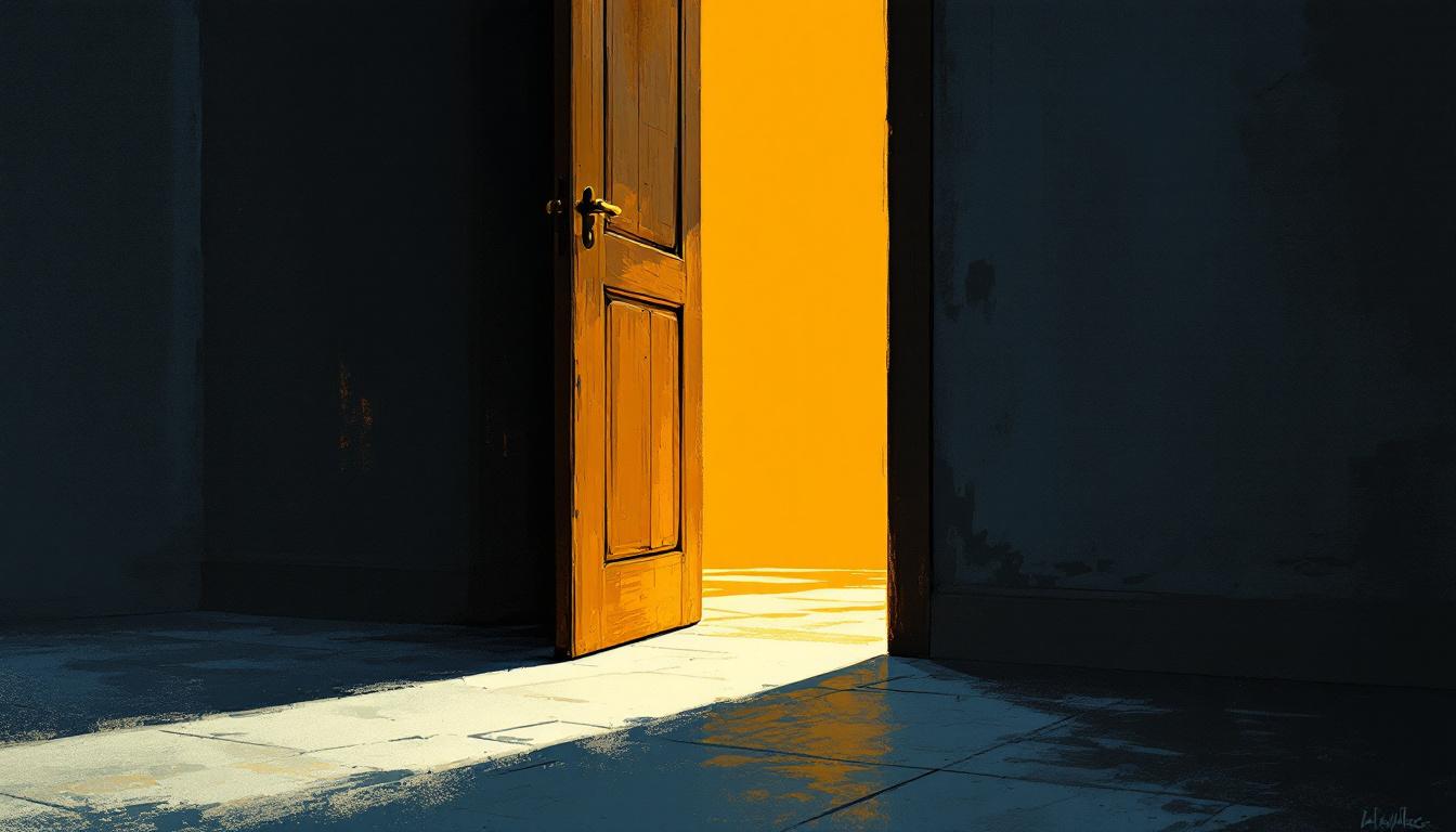 A half-open door: warm amber light spilling through into a cool room — the threshold between working within systems and transforming them