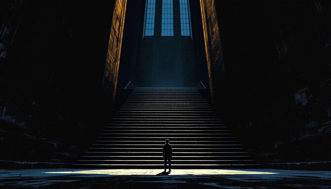 A single silhouette standing at the base of a vast staircase — seeing clearly where you stand