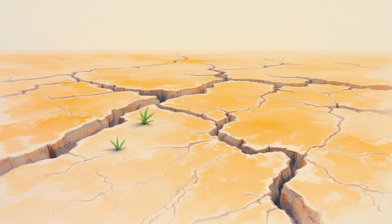 Cracked dry earth with a single green shoot emerging — soft pastel illustration